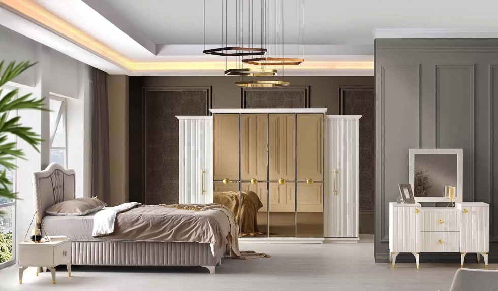Truva Yatak Odası Takımı 6 Kapaklı Aynalı Gardırop Modern Yatak Odası